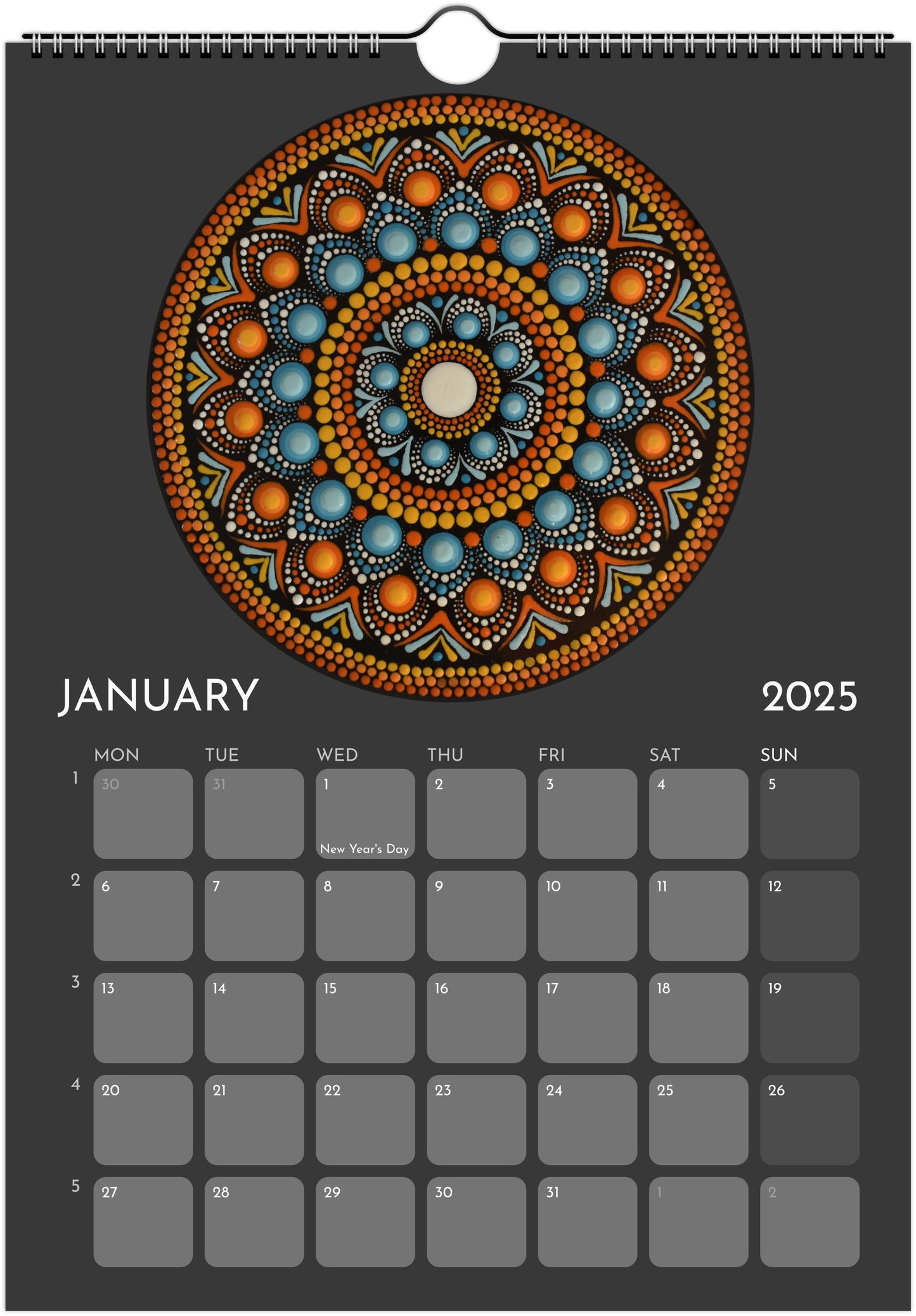 Mandala Calendar 2025 Black FREE DELIVERY
